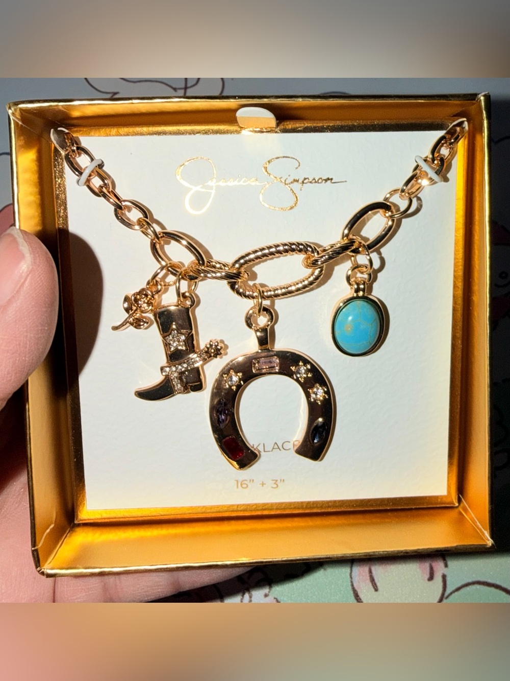 🤠NIB Jessica Simpson Gold Plated Charm Necklace w/Turquoise Pendant & Horsehoe
